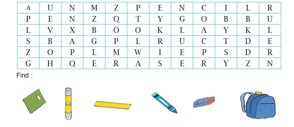 Grille de mots mêlés du matériel scolaire, avec les objets à trouver